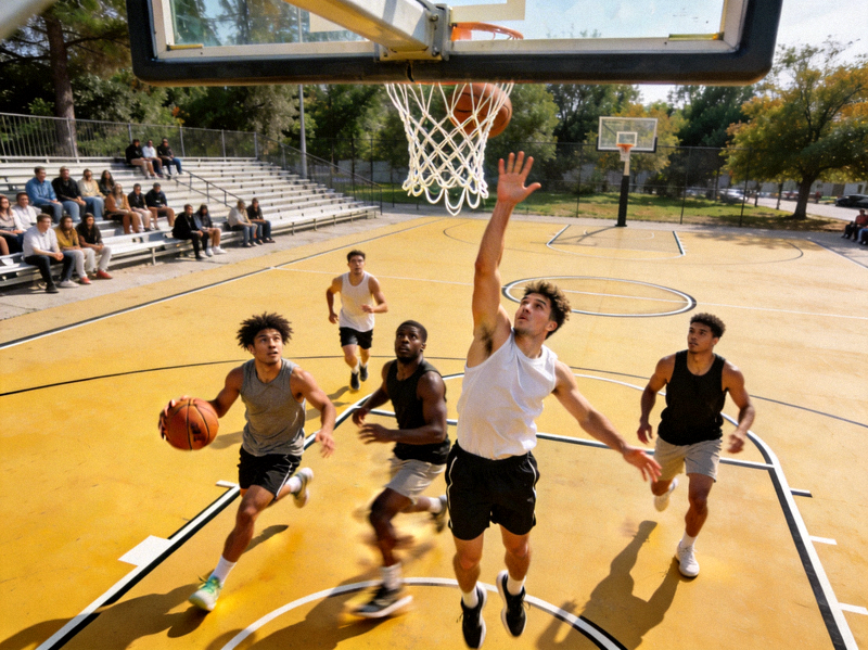 户外篮球场场景，球员正在激烈对抗